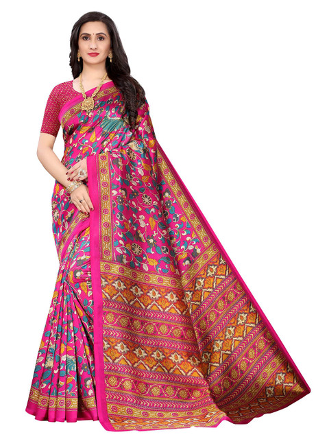 

AADVIKA Pink & Blue Floral Mysore Silk Saree