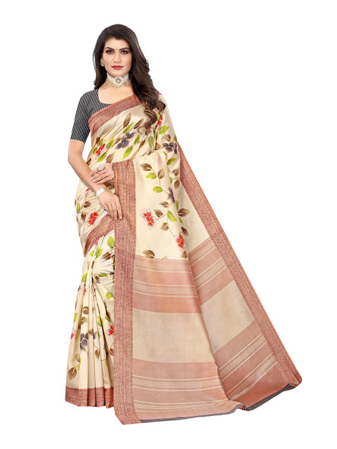 

AADVIKA Beige & Green Floral Art Silk Mysore Silk Saree