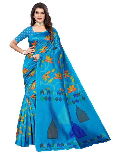 

AADVIKA Blue & Orange Floral Art Silk Ready to Wear Mysore Silk Saree