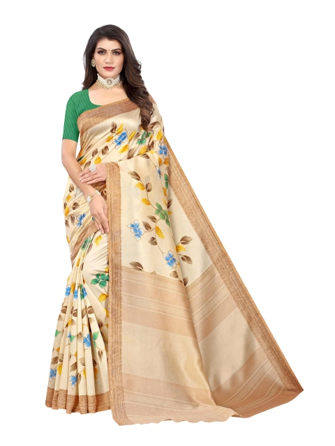 

AADVIKA Beige & Green Floral Art Silk Mysore Silk Saree