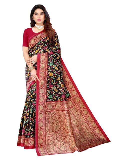 

AADVIKA Black & Red Floral Printed Mysore Silk Saree