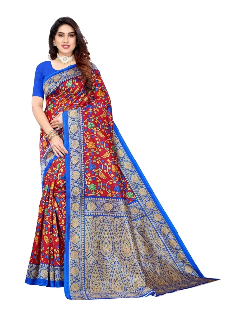 

AADVIKA Red & Blue Floral Art Silk Mysore Silk Saree
