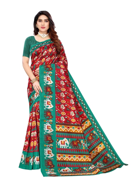 

AADVIKA Red & Teal Blue Ethnic Motifs Art Silk Mysore Silk Saree