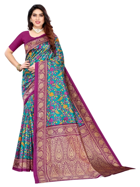 

AADVIKA Green & Purple Floral Art Silk Ready to Wear Mysore Silk Saree