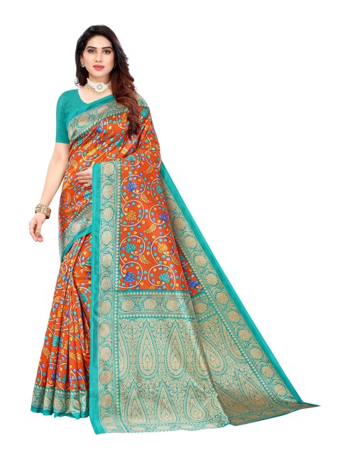 

AADVIKA Orange & Turquoise Blue Floral Mysore Silk Saree