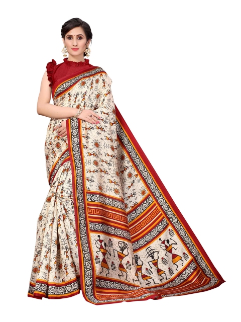 

AADVIKA Beige & Red Floral Art Silk Mysore Silk Saree
