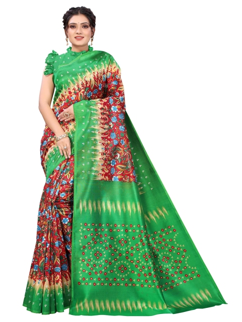 

AADVIKA Red & Green Floral Art Silk Mysore Silk Saree