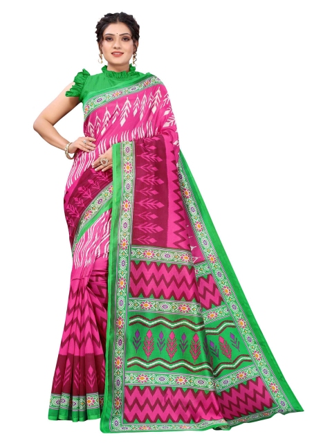 

AADVIKA Pink & Green Ethnic Motifs Printed Mysore Silk Saree