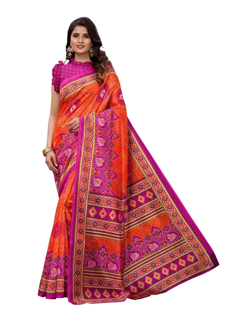 

AADVIKA Orange & Pink Ethnic Motifs Art Silk Mysore Silk Saree