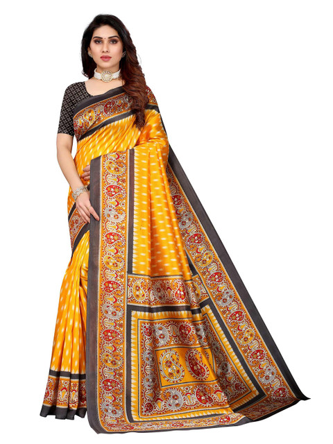 

AADVIKA Yellow & Black Paisley Art Silk Mysore Silk Saree