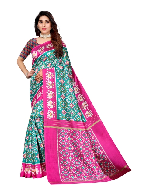 

AADVIKA Turquoise Blue & Magenta Floral Art Silk Mysore Silk Saree