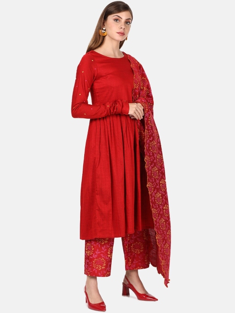 

UNTUNG Women Red Panelled Pure Cotton Kurta with Churidar & With Dupatta