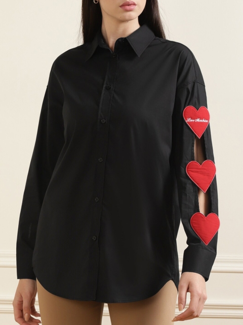 

LOVE MOSCHINO Women Black Solid Pure Cotton Casual Shirt With Applique