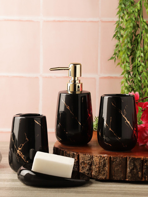 

The Decor Mart 4-Pieces Black & Gold-Toned Marble Textured Ceremic Bathroom Accessories