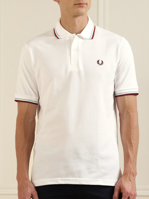

Fred Perry Men White Polo Collar Pure Cotton Applique T-shirt