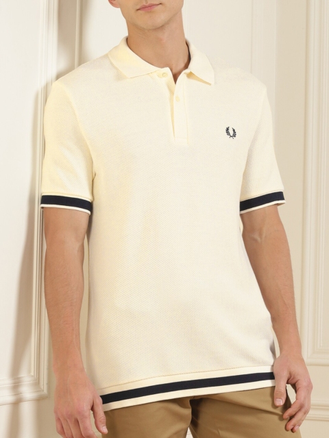 

Fred Perry Men Cream-Coloured Polo Collar Pure Cotton Applique T-shirt