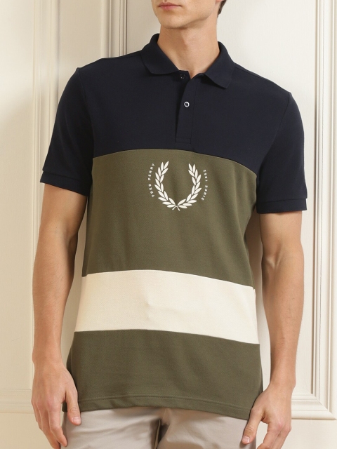 

Fred Perry Men Navy Blue & Olive Green Colourblocked Polo Collar Pure Cotton T-shirt