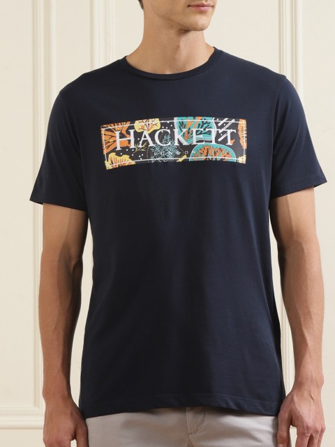 

HACKETT LONDON Men Navy Blue Typography Printed Pure Cotton T-shirt