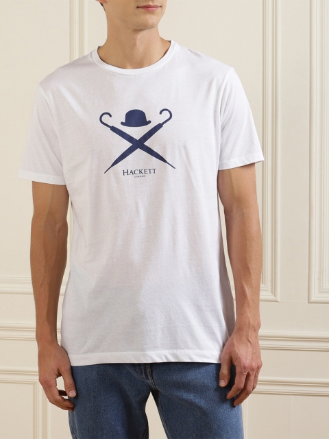 

HACKETT LONDON Men White & Blue Printed Pure Cotton Applique T-shirt