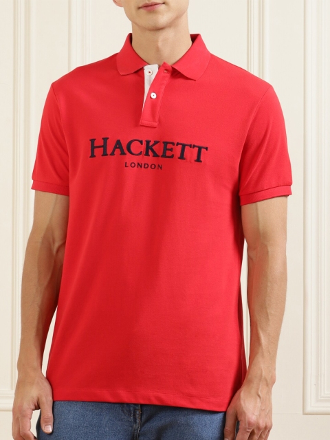 

HACKETT LONDON Men Red Typography Embroidered Polo Collar Pure Cotton T-shirt