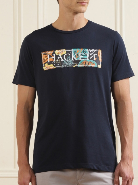 

HACKETT LONDON Men Navy Blue Typography Printed Pure Cotton Applique T-shirt