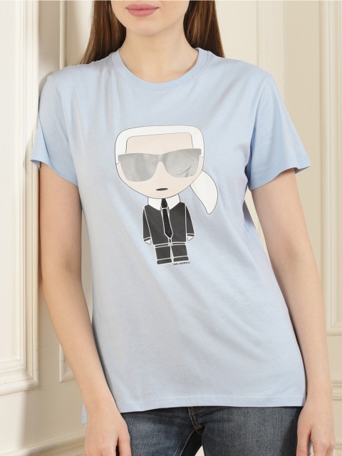 

Karl Lagerfeld Women Blue Graphic Printed Organic Cotton T-shirt