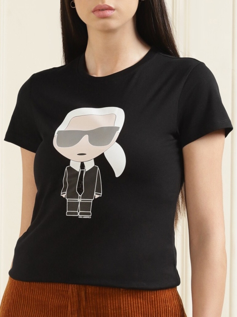 

Karl Lagerfeld Women Black & White Printed Organic Cotton Round Neck T-shirt