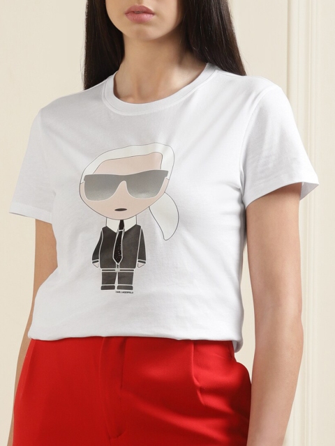 

Karl Lagerfeld Women White & Black Printed Organic Cotton Round Neck T-shirt