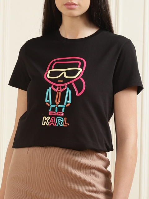 

Karl Lagerfeld Women Black Graphic Printed Organic Cotton T-shirt