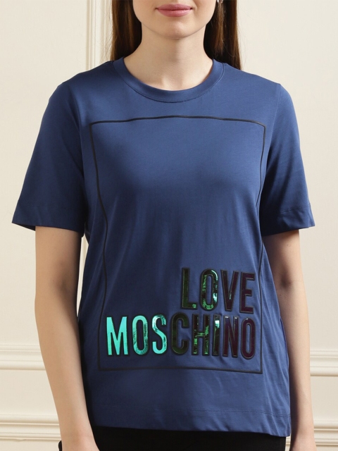 

LOVE MOSCHINO Women Blue Printed Pure Cotton Round Neck T-shirt