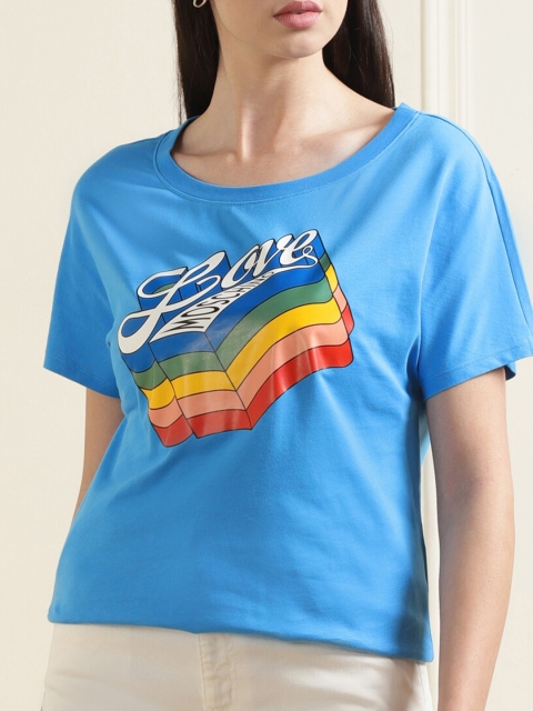 

LOVE MOSCHINO Women Blue Typography Printed Pure Cotton T-shirt