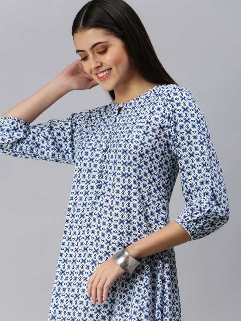 

ETIQUETTE Blue & White Printed A-Line Midi Dress