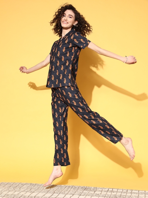 

Masha Women Black & Mustard Brown Pure Cotton Printed Pyjama Set