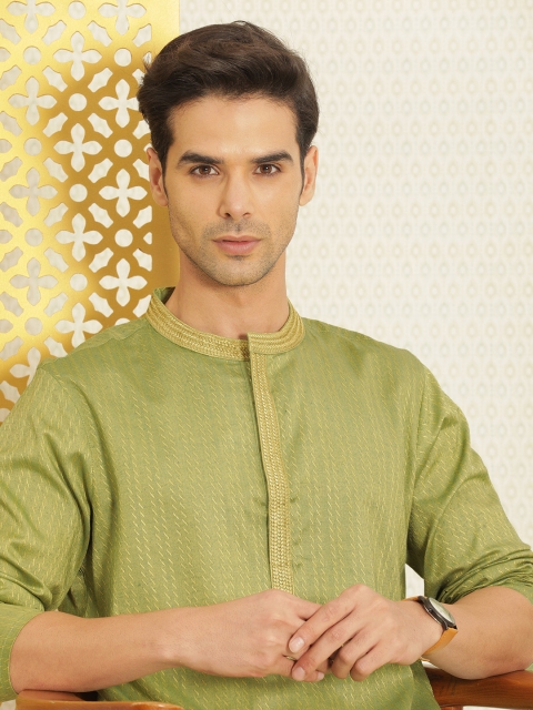 

House of Pataudi Men Green Woven Design Rozana Kurta