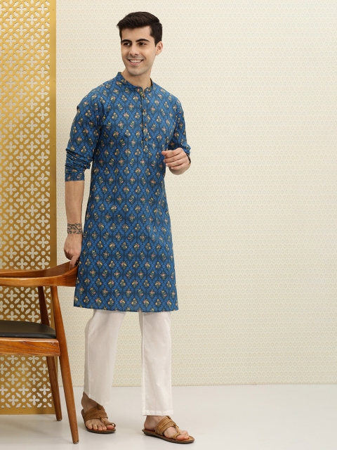

House of Pataudi Men Blue & Multicoloured Floral Printed Kurta