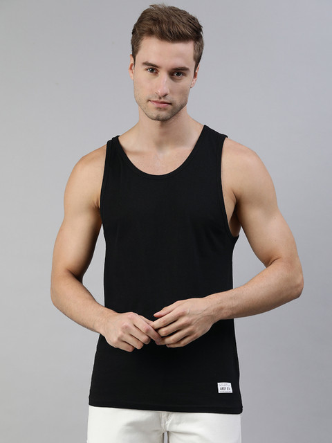 

abof Men Black Solid Pure Cotton Innerwear Vest