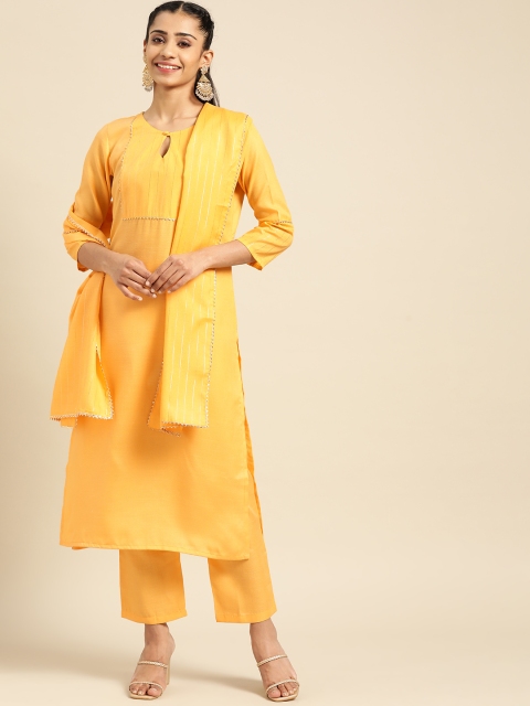 

Prakhya Women Mustard Yellow Striped Gotta Patti Kurta with Trousers & With Dupatta