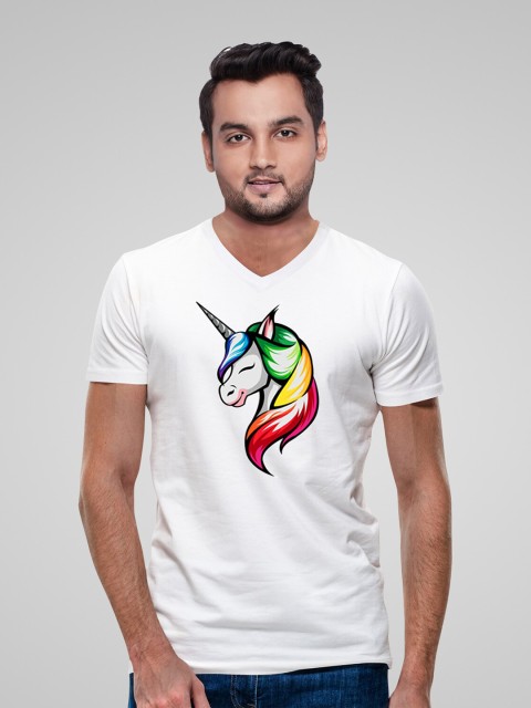 

Pootlu Men White Printed V-Neck Applique T-shirt