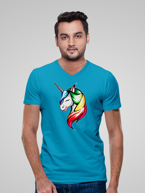 

Pootlu Men Turquoise Blue Printed V-Neck T-shirt