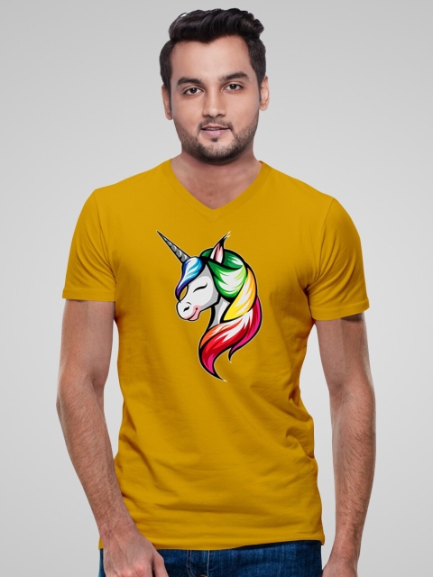 

Pootlu Men Yellow Printed V-Neck Applique T-shirt