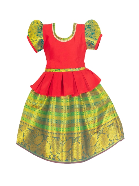 

AMIRTHA FASHION Girls Red & Green Mangai Ready to Wear Lehenga & Blouse