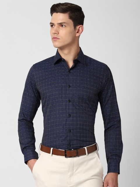 

Van Heusen Men Navy Blue Slim Fit Grid Tattersall Checked Pure Cotton Formal Shirt