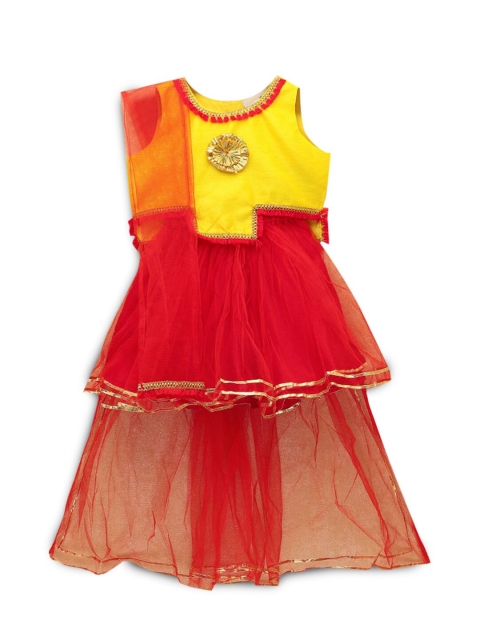 

Hopscotch Girls Yellow & Red Embellished Ready to Wear Lehenga & Blouse With Dupatta