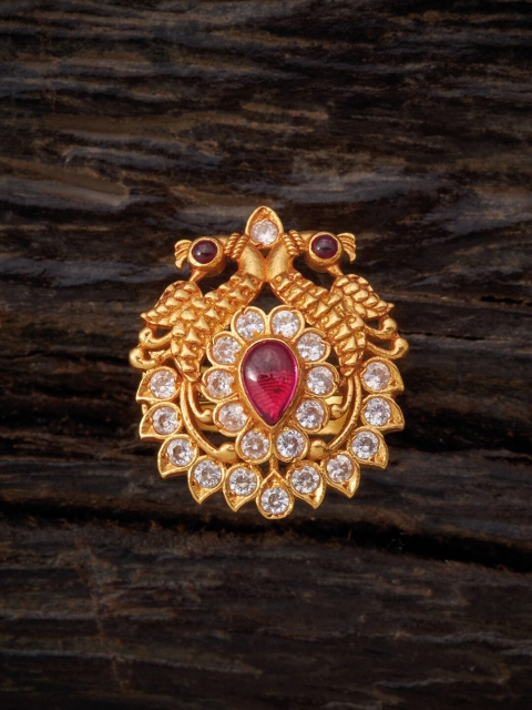 

Kushal's Fashion Jewellery Gold-Plated Red Stone-Studded Temple Finger Ring