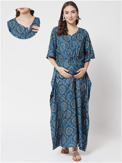 

Aujjessa Teal Ethnic Motifs Maternity Maxi Dress
