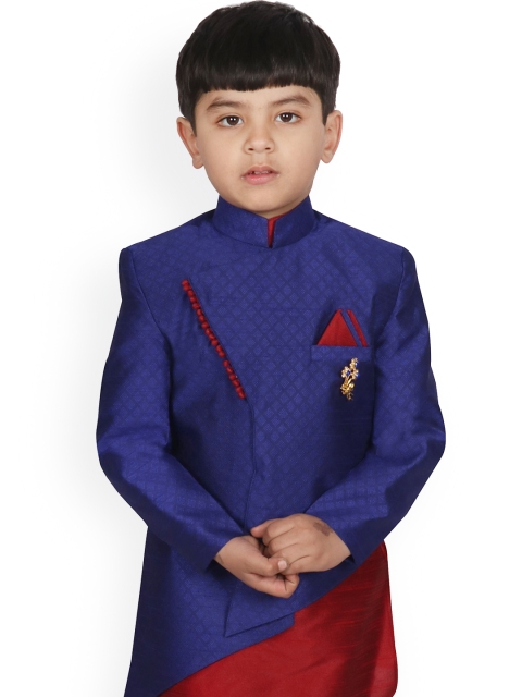 

SG YUVRAJ Boys Blue Geometric Asymmetric Ethnic Satin Tailored Jacket