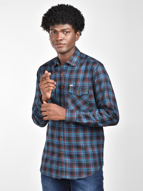 

MR KAMEEJ Men Blue Classic Slim Fit Checked Casual Shirt