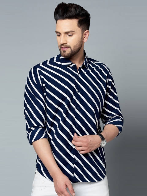 

MR KAMEEJ Men Blue Classic Slim Fit Striped Casual Shirt