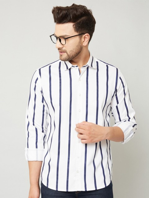 

MR KAMEEJ Men White & Blue Classic Slim Fit Striped Casual Shirt