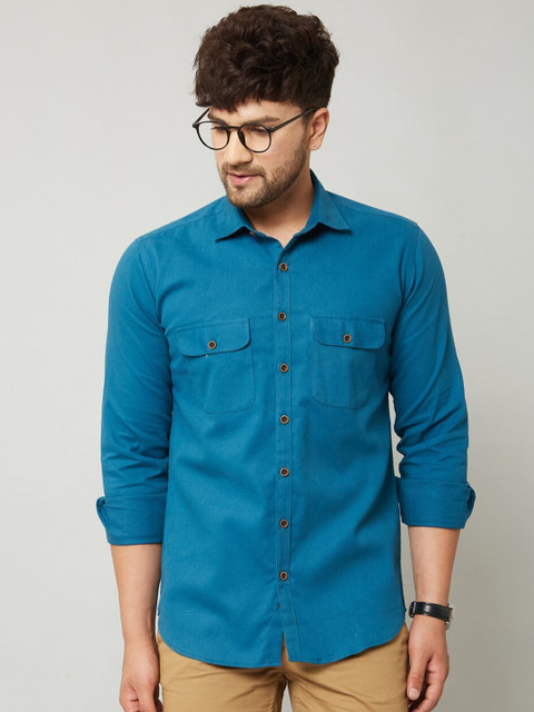 

MR KAMEEJ Men Blue Classic Slim Fit Solid Cotton Casual Shirt